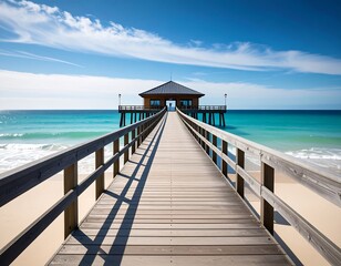Obraz premium Wooden pier extending to a small building on a bright, sunny beach with turquoise water