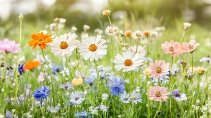 Obraz premium Bright and colorful wildflowers bloom in a sunny meadow during spring