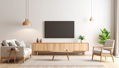 Minimalist living room featuring a sleek TV on a plain wall, clean lines, modern furniture, neutral tones, and a calm, uncluttered interior design for a cozy and stylish space.
