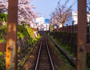 Fototapeta premium Cherry blossoms frame a railway track