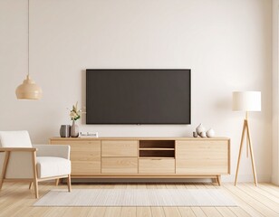 Minimalist living room featuring a sleek TV on a plain wall, clean lines, modern furniture, neutral tones, and a calm, uncluttered interior design for a cozy and stylish space.
