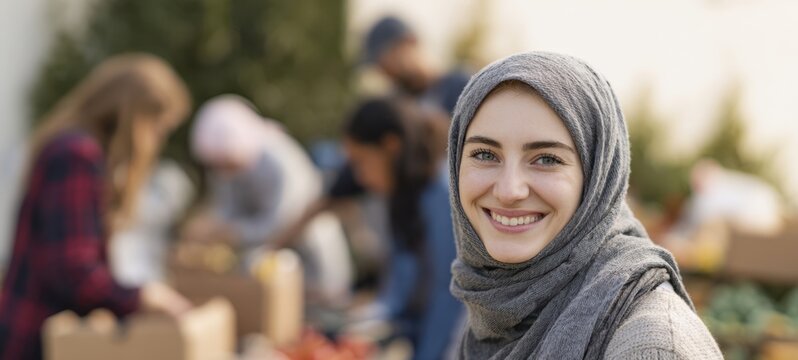 The smiling woman in a hijab participating in community gardening activities.