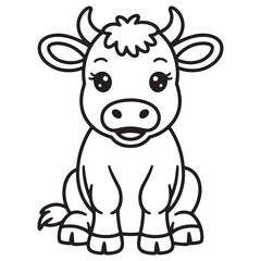 Adorable Cartoon Cow with Big Eyes and Rounded Nose Line Art for Farm-Themed Coloring Page
