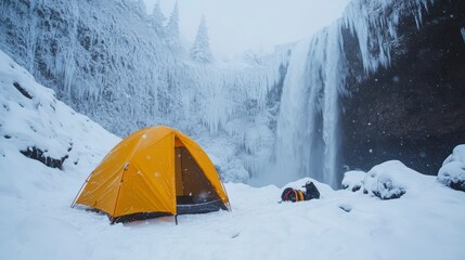 Orange tent in snowy landscape with frozen waterfall.