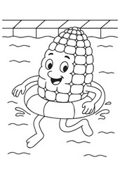 Coloring book corn swimming in a pool using a swim ring, looking happy and playful.