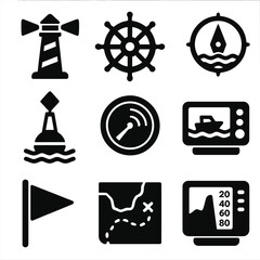Naklejka premium Marine Navigation Icons. Solid style icons of marine navigation: lighthouse icon, ship wheel symbol, compass with waves, buoy