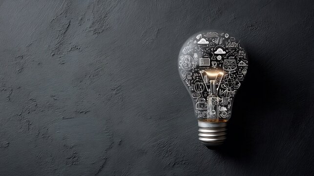 Illuminating ideas: A light bulb filled with creative doodles on dark surface
