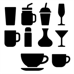 Beverage Container Icons. Solid vector icons of beverage containers: tall glass, mason jar with straw, tumbler cup icon, champagne