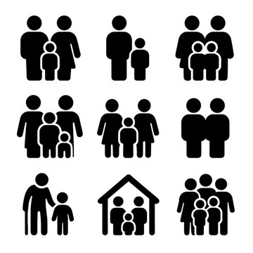 Diverse Family Icons. Solid vector icons of family structures: nuclear family with two parents and child, single parent with one