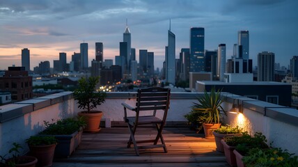 Fototapeta premium Urban oasis rooftop garden escape with city skyline view at twilight offering peaceful relaxation
