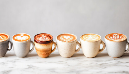A photograph depicts a row of coffee cups arranged on a marble surface. Each cup contains a different type and shape of latte art