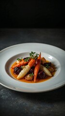 Close up shot of a plate with cooked carrots beets and sauce garnished with fresh herbs on a dark surface