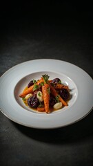 Close up of a white plate filled with carrots, prunes, and white beans in a dark setting