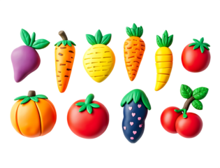 Colorful clay fruit and vegetable magnets isolated on a transparent background carrot
