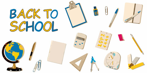 Back to school supplies and globe illustration
