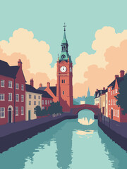 Fototapeta premium Grantham – Guildhall clock tower and canal side in clock white, brick red, water teal, and dawn peach