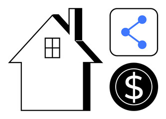 Black-and-white house with window alongside blue shared network and dollar coin icons. Ideal for real estate, property investment, online sharing, homeownership, finance, connectivity, simple landing