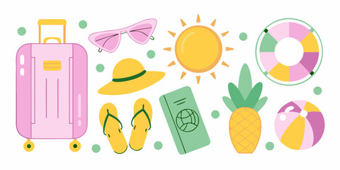 Summer vacation essentials collection with suitcase and beach items