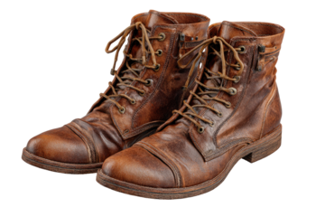 Pair of brown leather boots.  Detailed view, laces, and subtle texture