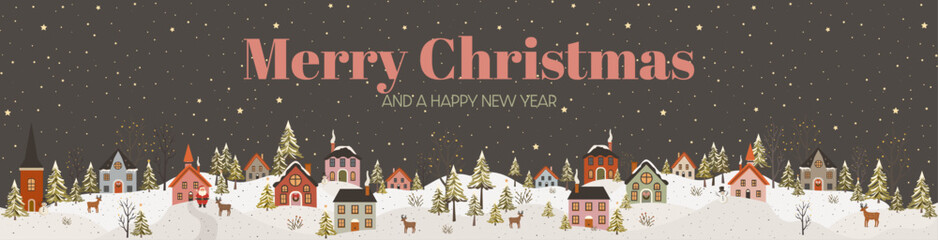 Christmas greetings banner with a peaceful snowy Santa Claus village, starry night, colorful houses, reindeers, snowmen and colorful text, vector illustration
