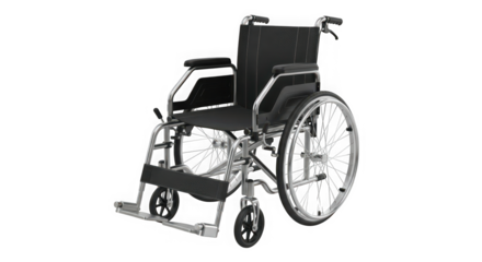 A standard manual wheelchair on a black background