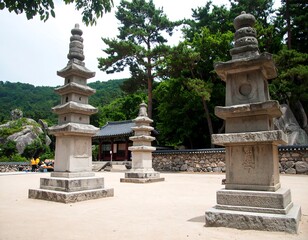 Ancient stone pagodas in a serene Asian garden