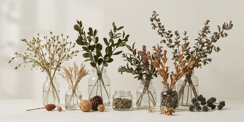 Still life of various plants in glass jars and decorative items on a white surface against a white backdrop