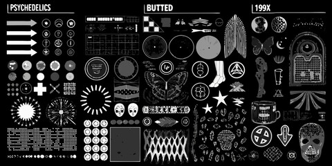 Collection of psychedelic butted and 199x graphic elements