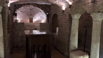 Cairo, Egypt - Feb 5, 2024: An Altar inside the crypt where Joseph,Mary and the Infant Jesus rested as per tradition at the Saints Sergius and Bacchus Church or Abu Serga Church,the oldest coptic chri
