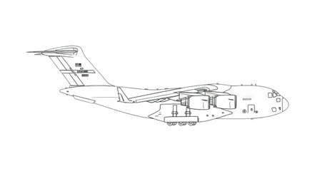 Blueprint Line Art of C-17 Globemaster III – Technical Military Aircraft Drawing – Side Profile Schematic Style