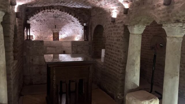 Cairo, Egypt - Feb 5, 2024: An Altar inside the crypt where Joseph,Mary and the Infant Jesus rested as per tradition at the Saints Sergius and Bacchus Church or Abu Serga Church,the oldest coptic chri