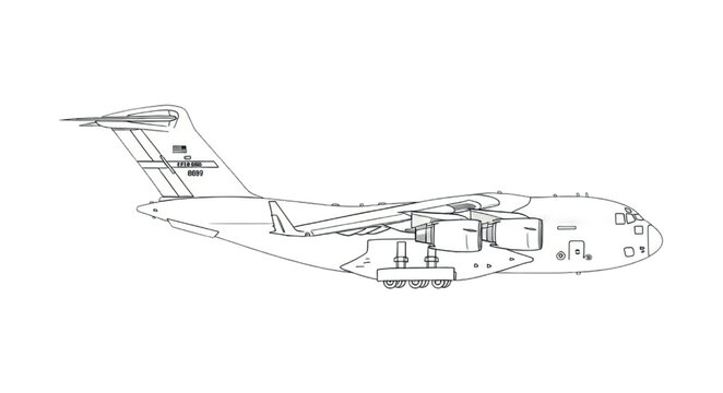 Blueprint Line Art of C-17 Globemaster III &ndash; Technical Military Aircraft Drawing &ndash; Side Profile Schematic Style