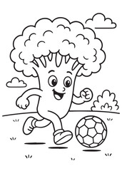 Coloring book broccoli playing soccer in a grassy field with a ball.