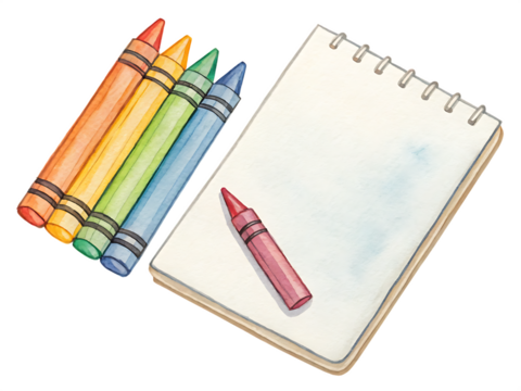 Colorful crayons and blank sketchpad isolated on a transparent background drawing