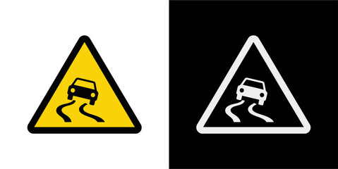 Slippery road warning sign illustration. Traffic safety symbol with a car skidding. Vector icon set isolated on white and black backgrounds for driving awareness.