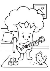 Coloring book broccoli playing guitar while sitting on a couch.
