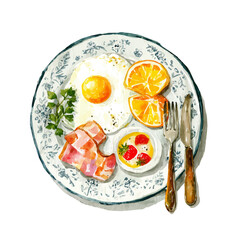 A Watercolor hand-painted festive breakfast plate with egg and Bacon isolated on a white background, eps format, simple design
