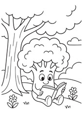Coloring book broccoli reading a book under a tree.