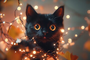 Playful 3D black cat tangled in fairy lights and tiny ghost decorations 