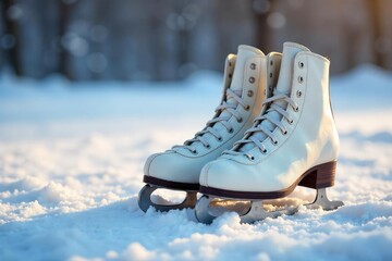 A pair of classic ice skates rests on a snowy, glistening winter landscape, ready for a fun day of skating , cold, nature