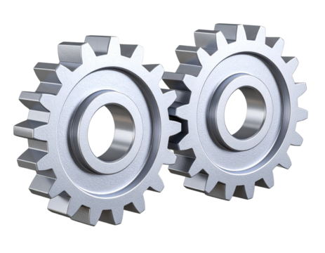 Close-Up of Interlocking Precision Steel Gears with Metallic Finish, Isolated on Transparent Background