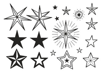 Obraz premium Collection of black and white star illustrations featuring various stylized designs and celestial symbolism on white background