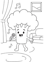 Coloring book broccoli singing with a microphone and dancing.
