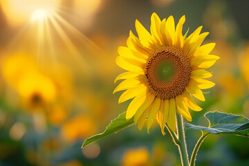 Fototapeta premium Sunflower in Sunlight: A Vibrant Bloom Against a Blurred Field
