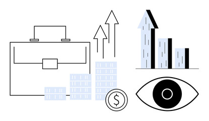 Briefcase, stacked coins, arrows, chart, and eye emphasize business growth, financial progress, and monitoring. Ideal for finance, investment analytics growth vision strategy simple landing page