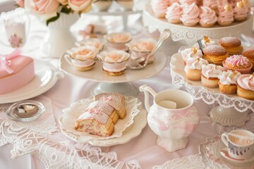 Elegant Pink Dessert Table Afternoon Tea Party Cupcakes Treats Pastries Sweets Flowers Roses Party Cakes Tea Dishes and