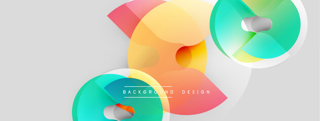 Abstract geometric shapes overlap, creating vibrant color gradients. Design features circles, ovals, soft shadows, light background.