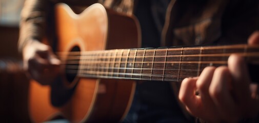Fototapeta premium The musician passionately strums an acoustic guitar in a cozy setting.