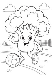 Coloring book broccoli kicking a soccer ball on a field.