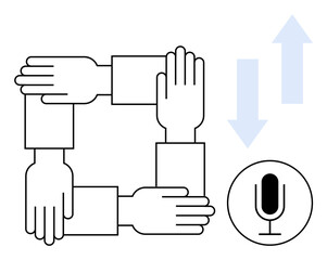 Four hands forming a square symbolize collaboration, a microphone indicates communication, and up-down arrows suggest interaction. Ideal for teamwork, community, communication, feedback, diversity